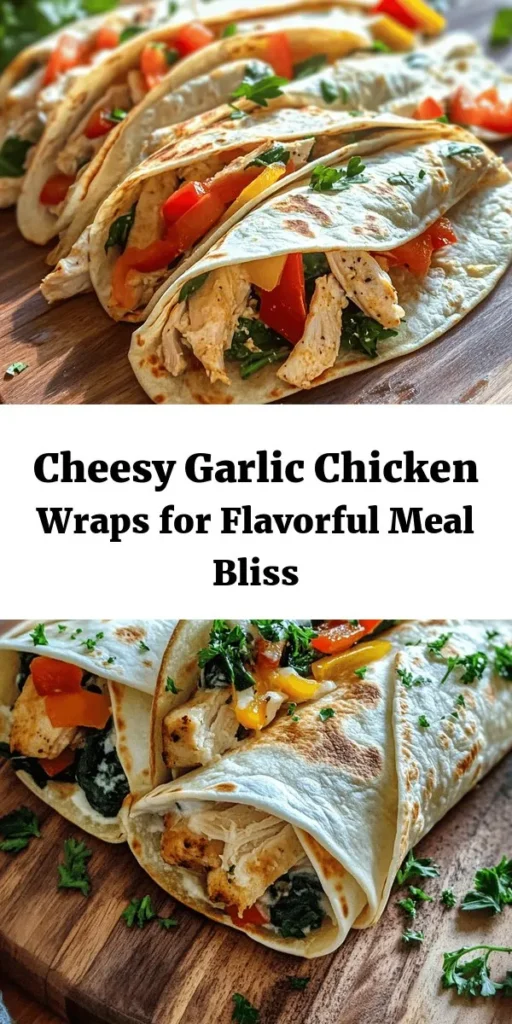 Looking for a delicious and convenient meal? Try Cheesy Garlic Chicken Wraps! These flavorful wraps feature succulent chicken marinated with garlic, creamy cheeses, and crisp veggies all wrapped in soft tortillas. Perfect for quick dinners, lunches, or picnics, they’re customizable to suit everyone's taste. Enjoy every bite with the satisfying crunch of fresh ingredients and gooey cheese. Dive into this culinary delight for a tasty experience! #CheesyGarlicChickenWraps #EasyRecipes #MealPrep #QuickDinners #YummyFood