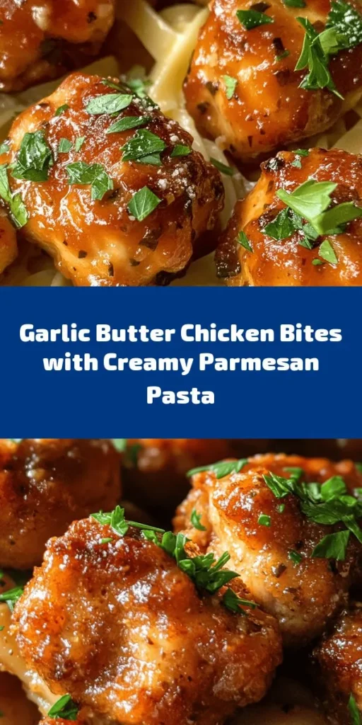 Looking for an easy and delicious weeknight dinner? Try Garlic Butter Chicken Bites with Savory Creamy Parmesan Pasta! This comforting dish combines juicy chicken infused with aromatic garlic butter and rich, creamy Parmesan pasta for a meal the whole family will love. With straightforward ingredients and simple preparation steps, you can impress your loved ones without spending hours in the kitchen. Perfect for any occasion! #GarlicButterChicken #CreamyPasta #EasyDinner #FamilyRecipe #ComfortFood