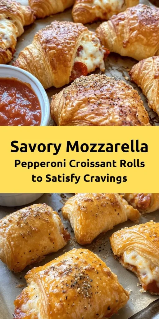 Indulge in the flaky goodness of Mozzarella Pepperoni Croissant Rolls, a perfect snack or appetizer for any occasion! These easy-to-make rolls combine gooey mozzarella, savory pepperoni, and aromatic Italian seasoning, all wrapped in fluffy croissant dough. Ideal for game days, gatherings, or cozy nights in, they promise to impress your guests with their flavor. Discover how to whip up this tasty treat now! #MozzarellaCroissantRolls #Appetizer #SnackIdeas #CookingAtHome #DeliciousRecipes #GameDayEats
