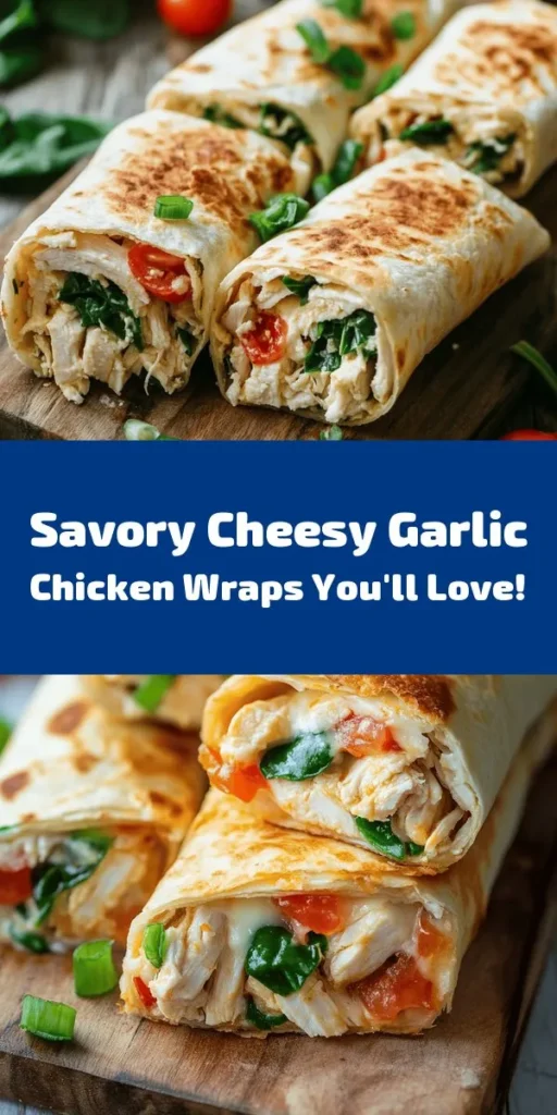 Looking for a quick and tasty meal? Try these Cheesy Garlic Chicken Wraps! This easy recipe combines tender shredded chicken, creamy mozzarella and cream cheese, fresh spinach, and juicy tomatoes all wrapped in a soft tortilla. Perfect for busy nights or impressing guests, these wraps are nutritious and packed with flavor. Customize them to your taste for a delicious twist! #CheesyGarlicChickenWraps #EasyRecipes #HealthyEating #Wraps #DinnerIdeas #MealPrep