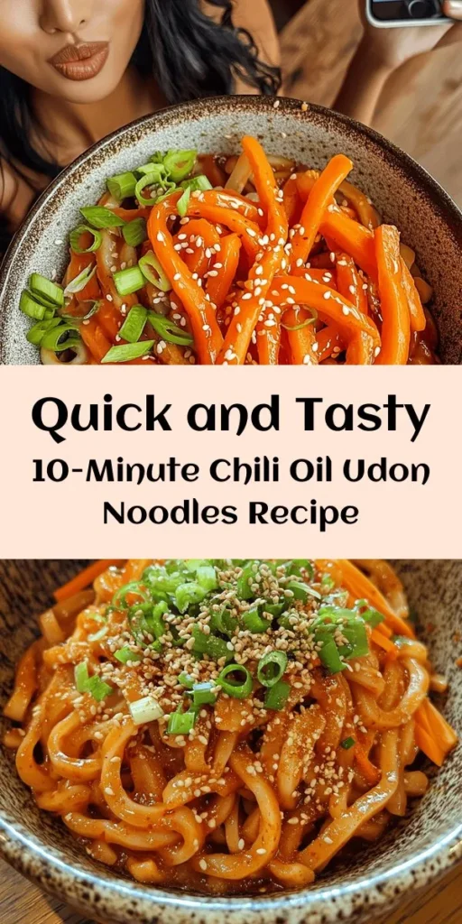 Whip up a delicious and satisfying meal in just 10 minutes with this quick chili oil udon noodles recipe! Featuring thick, chewy noodles infused with bold chili oil, soy sauce, and fresh veggies, this dish is not only easy to prepare but also packed with flavor. Perfect for busy weeknights, it's customizable to suit your taste and dietary needs. Enjoy a bowl of wholesome goodness that you can make anytime! #UdonNoodles #ChiliOil #QuickMeals #AsianCuisine #HealthyEating