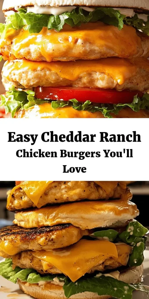 Looking for a delicious weeknight meal? Try these Easy Cheddar Ranch Chicken Burgers! Juicy ground chicken, creamy ranch dressing, and sharp cheddar cheese come together for a mouthwatering burger that's quick to make and full of flavor. Perfect for customization with your favorite toppings! Whip up this tasty treat and impress your family or friends. Enjoy with sweet potato fries or a fresh salad! #ChickenBurgers #EasyDinner #YummyRecipes #RanchFlavors #BurgerNight