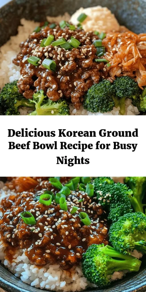 Discover the vibrant flavors of Korean cuisine with this easy Korean Ground Beef Bowl recipe! Perfect for busy weeknights, this dish combines tender ground beef, savory soy sauce, aromatic garlic, ginger, and fresh vegetables for a satisfying meal. With its balance of sweet and spicy, it’s not just delicious but nutritious too. Serve it over jasmine rice and garnish with green onions and sesame seeds for an authentic touch. #KoreanCuisine #GroundBeefBowl #EasyRecipes #HealthyEating #MealPrepIdeas