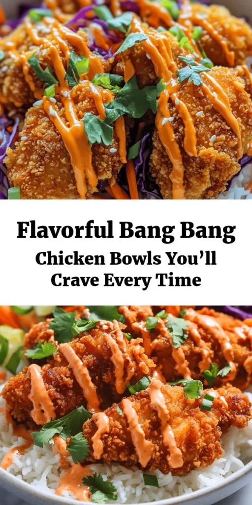Indulge in a flavor-packed adventure with Bang Bang Chicken Bowls! This delightful dish features crispy chicken, vibrant vegetables, and a creamy, spicy Bang Bang sauce that will leave you craving more. Perfect for meal prepping, casual dinners, or impressing guests, these bowls are customizable for all dietary preferences. Dive into this culinary gem and let your taste buds experience the explosion of flavors in every bite! #BangBangChicken #HealthyRecipes #Foodie #MealPrep #DeliciousEats #HomeCooking