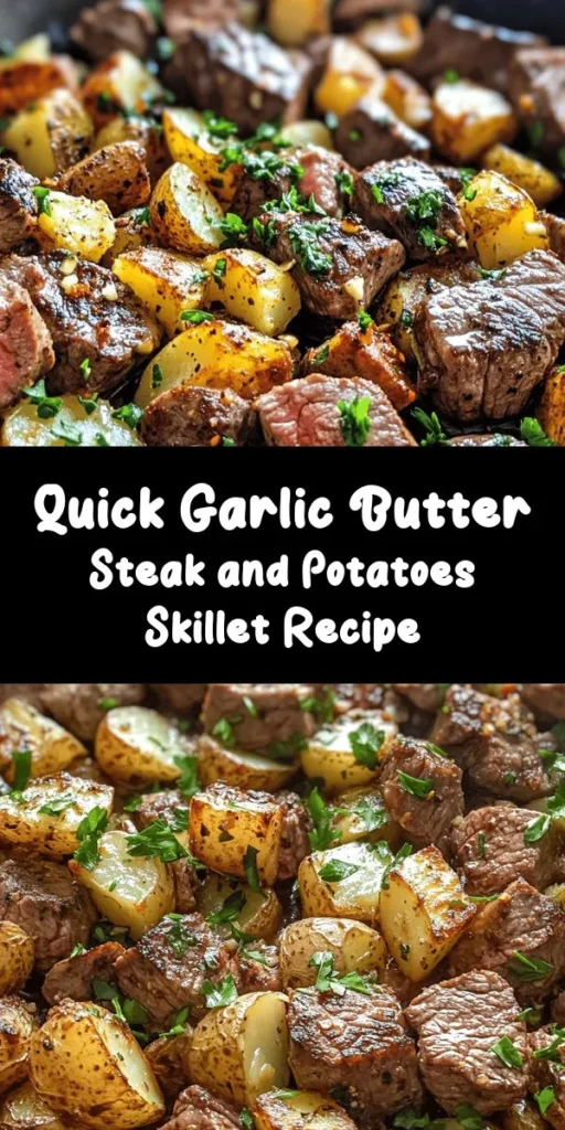 Discover the irresistible flavors of Sizzling Garlic Butter Steak and Potatoes Skillet! This quick one-pan meal brings together tender sirloin steak, creamy Yukon Gold potatoes, and aromatic garlic butter, all cooked to perfection in under 30 minutes. Perfect for busy weeknights or family gatherings, it's a dish sure to impress! Follow our simple steps for a delightful culinary experience. Try it tonight! #SteakDinner #EasyRecipes #HomeCooking #GarlicButter #OnePanMeal #ComfortFood #QuickDinner