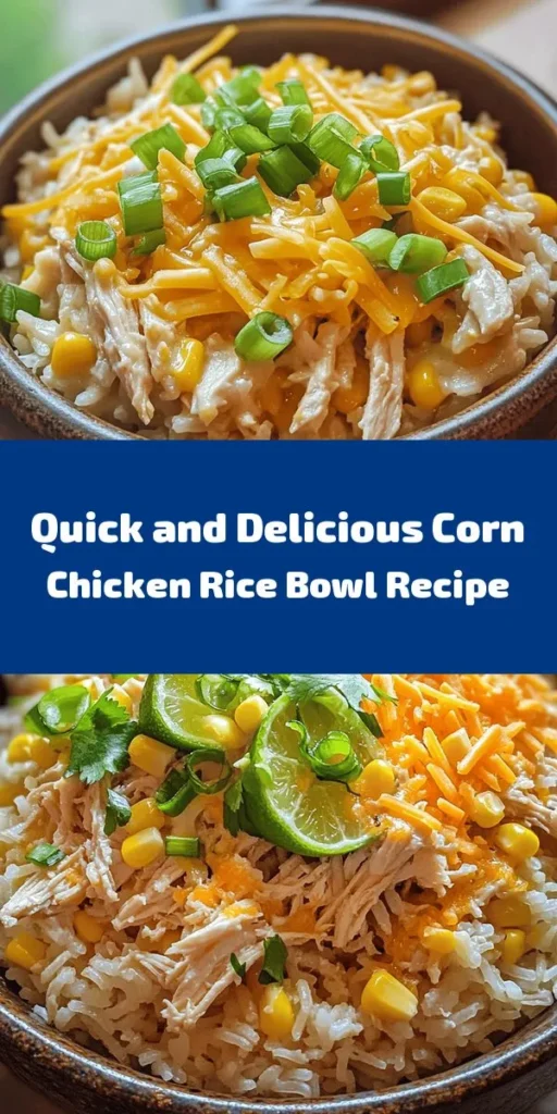 Looking for a quick, satisfying meal? Try the Easy Street Corn Chicken Rice Bowl! This delightful dish combines tender chicken, sweet corn, and fluffy rice, all drizzled with a zesty mayo dressing. Perfect for busy nights, it's ready in just 10 minutes and customizable to suit any palate. Add colorful veggies, different cheeses, or swap proteins to make it your own. It's a hit with kids and adults alike! #EasyRecipes #DinnerIdeas #ChickenBowl #QuickMeals #FamilyFriendly #ComfortFood