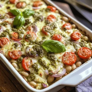 At the heart of the White Bean and Pesto Bake is a harmonious blend of flavors and textures. The creamy, tender white beans serve as a canvas for the vibrant, aromatic basil pesto, creating a delightful contrast that is both comforting and invigorating. This dish is not only easy to prepare but also packed with nutrients, making it a perfect weeknight dinner or a dish to impress guests at a dinner party. Rich in protein, fiber, and healthy fats, it caters to a variety of dietary preferences, including vegetarian and vegan diets, depending on the cheese choices made.