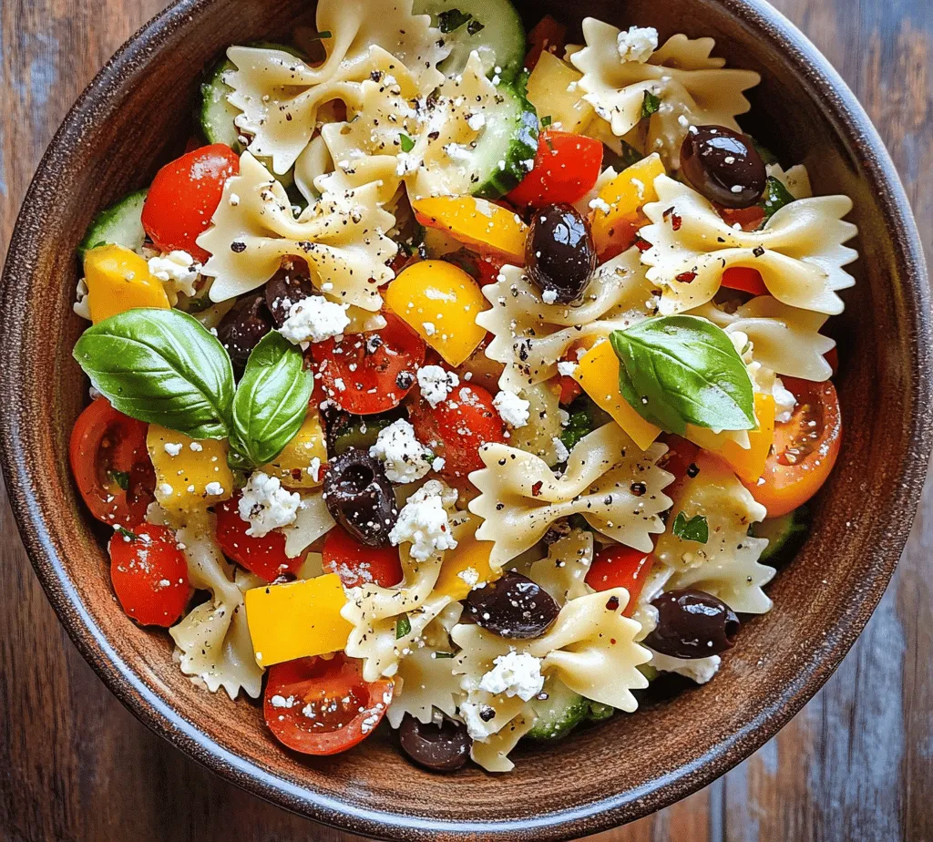 As the sun shines brighter and the temperatures rise, summer gatherings become a cherished tradition filled with laughter, family, and, of course, delicious food. Among the myriad of dishes that grace picnic tables and potlucks, pasta salads stand out as a go-to favorite. They are versatile, easy to prepare, and can be made ahead of time, allowing hosts to enjoy their time without the stress of last-minute cooking. One salad that embodies the spirit of summer is the <strong>Bow Tie Bliss Pasta Salad</strong>.” /></p>
</p>
<h3>Explanation of Each Ingredient’s Role in the Dressing</h3>
</p>
<p>The dressing is a crucial element of the Bow Tie Bliss Pasta Salad, contributing not only to the flavor but also to the overall texture and appeal of the dish. The base of this dressing typically consists of olive oil and vinegar, which work in harmony to create a balanced flavor profile.</p>
</p>
<p>– <strong>Olive Oil</strong>: This ingredient serves as a rich, velvety base that helps to coat the pasta and vegetables, ensuring that each bite is flavorful. Its healthy fats also contribute to the nutritional value of the salad, offering heart-healthy monounsaturated fats.</p>
</p>
<p>– <strong>Vinegar</strong>: Often, a tangy vinegar such as red wine or balsamic vinegar is used to brighten the flavors of the dressing. The acidity from the vinegar helps to cut through the richness of the olive oil and balances the overall flavor. It also enhances the freshness of the vegetables.</p>
</p>
<p>– <strong>Herbs and Seasonings</strong>: Fresh herbs like basil, parsley, or oregano can be added to the dressing for an aromatic touch. Seasonings such as salt, pepper, and garlic powder are essential for enhancing the flavors, creating a well-rounded dressing that elevates the entire salad.</p>
</p>
<p>Understanding the role of each ingredient in the dressing will help you achieve a well-balanced flavor that complements the pasta and vegetables perfectly.</p>
</p>
<h3>Notes on Balancing Flavors (Oil vs. Vinegar)</h3>
</p>
<p>Balancing the oil and vinegar in your dressing is key to achieving the perfect taste in your Bow Tie Bliss Pasta Salad. A common ratio to start with is three parts oil to one part vinegar. However, feel free to adjust these proportions to suit your personal taste. If you prefer a tangier salad, increase the vinegar slightly. Conversely, if you enjoy a creamier dressing, add a bit more olive oil.</p>
</p>
<p>Remember to taste the dressing before combining it with the pasta and vegetables. This ensures that you can make any necessary adjustments to acidity or richness, ensuring that the dressing enhances rather than overwhelms the other flavors in the salad.</p>
</p>
<h3>Combining Pasta, Vegetables, and Dressing</h3>
</p>
<p>Once your pasta is cooked and cooled, it’s time to bring the dish together. Here’s how to combine the pasta, vegetables, and dressing without compromising the integrity of the pasta.</p>
</p>
<h4>Tips for Tossing Without Breaking the Pasta</h4>
</p>
<p>1. <strong>Use a Large Bowl</strong>: A spacious bowl allows for gentle tossing without squishing the pasta.</p>
</p>
<p>2. <strong>Add Ingredients Gradually</strong>: Begin with the cooled pasta, then add vegetables and dressing a little at a time. This method helps distribute everything evenly.</p>
</p>
<p>3. <strong>Gentle Tossing Motion</strong>: Instead of stirring vigorously, use a folding motion. This technique gently incorporates the ingredients without breaking the delicate bow tie pasta.</p>
</p>
<p>4. <strong>Temperature Check</strong>: Ensure that the pasta has cooled sufficiently before adding the dressing. If the pasta is too warm, it can absorb the dressing too quickly and become mushy.</p>
</p>
<p>By using these techniques, you can ensure that your pasta salad retains its beautiful shape and texture.</p>
</p>
<h3>Incorporating Cheese and Herbs</h3>
</p>
<p>Once the pasta and vegetables are well combined, it’s time to add the finishing touches: cheese and herbs.</p>
</p>
<h4>Techniques for Evenly Distributing Feta and Basil Throughout the Salad</h4>
</p>
<p>1. <strong>Crumble the Feta</strong>: Instead of adding large chunks of feta, crumble it into smaller pieces. This allows the cheese to be distributed more evenly throughout the salad, enhancing every bite with its creamy flavor.</p>
</p>
<p>2. <strong>Chop Fresh Herbs</strong>: Finely chop fresh basil (or any herb you choose) before adding it to the salad. This increases the surface area, allowing the flavor to spread throughout the dish.</p>
</p>
<p>3. <strong>Toss Gently Again</strong>: Once the cheese and herbs are added, give the salad another gentle toss to ensure everything is well mixed. Be cautious to avoid crushing the pasta.</p>
</p>
<p>By following these steps, the cheese and herbs will be seamlessly integrated into the Bow Tie Bliss Pasta Salad, enhancing its taste and appearance.</p>
</p>
<h3>Chilling the Salad</h3>
</p>
<p>Chilling the salad is an important step that enhances the flavors. Once everything is combined, cover the bowl with plastic wrap or a lid and refrigerate the salad for at least 30 minutes to an hour before serving. Here’s why this step matters:</p>
</p>
<p>– <strong>Flavor Development</strong>: Chilling allows the flavors of the dressing to meld with the pasta and vegetables, resulting in a more harmonious taste.</p>
</p>
<p>– <strong>Texture Improvement</strong>: A chilled salad is refreshing, especially during warm months. The cool temperature enhances the crunch of the vegetables while maintaining the integrity of the pasta.</p>
</p>
<p>– <strong>Convenience</strong>: Preparing the salad ahead of time allows you to enjoy more time with your guests when serving.</p>
</p>
<h3>Serving Suggestions</h3>
</p>
<p>The versatility of Bow Tie Bliss Pasta Salad makes it suitable for various occasions. Here are some creative serving suggestions:</p>
</p>
<p>– <strong>As a Side Dish</strong>: This pasta salad shines as a side dish at barbecues, picnics, or potlucks. It pairs wonderfully with grilled meats, burgers, or seafood, adding a delightful contrast to heavier dishes.</p>
</p>
<p>– <strong>As a Light Main Course</strong>: For a lighter meal, serve the salad as a main course for lunch or dinner. Its combination of carbohydrates, vegetables, and cheese makes it satisfying without being heavy.</p>
</p>
<p>– <strong>Protein Pairing</strong>: Enhance the salad by serving it with grilled chicken, shrimp, or even marinated tofu for a heartier option. The proteins complement the flavors and add nutritional value.</p>
</p>
<p>– <strong>Other Sides</strong>: Consider pairing the salad with fresh bread, a simple green salad, or roasted vegetables for a balanced meal.</p>
</p>
<h3>Nutritional Information</h3>
</p>
<p>Bow Tie Bliss Pasta Salad is not only delicious but also nutritious. Here’s a breakdown of its nutritional benefits:</p>
</p>
<p>– <strong>Calories</strong>: Approximately 250-300 calories per serving, depending on the ingredients used.</p>
<p>– <strong>Fats</strong>: The healthy fats from olive oil and cheese contribute to a satisfying meal without excessive calories.</p>
<p>– <strong>Carbohydrates</strong>: Bow tie pasta provides a good source of carbohydrates, giving you energy throughout the day.</p>
<p>– <strong>Proteins</strong>: Adding feta cheese and optional proteins like chicken or chickpeas boosts the protein content, making it a more balanced dish.</p>
</p>
<h4>Health Benefits of Ingredients Used</h4>
</p>
<p>– <strong>Vegetables</strong>: Packed with vitamins and minerals, the choice of vegetables like bell peppers, cherry tomatoes, and cucumbers enhances the nutritional profile of the salad.</p>
</p>
<p>– <strong>Olive Oil</strong>: Known for its heart-healthy properties, olive oil helps reduce inflammation and lowers the risk of chronic diseases.</p>
</p>
<p>– <strong>Fresh Herbs</strong>: Herbs not only add flavor but are also rich in antioxidants, contributing to overall health.</p>
</p>
<h3>Variations and Customizations</h3>
</p>
<p>One of the best aspects of Bow Tie Bliss Pasta Salad is its flexibility. Here are some suggestions for variations and customizations to suit your taste or dietary needs:</p>
</p>
<p>– <strong>Ingredient Substitutions</strong>: For a gluten-free option, substitute regular bow tie pasta with gluten-free pasta. You can also experiment with different cheeses such as goat cheese, mozzarella, or even vegan cheese for a plant-based version.</p>
</p>
<p>– <strong>Seasonal Variations</strong>: Consider using seasonal vegetables for variety. In the summer, zucchini and cherry tomatoes shine, while asparagus and peas are fantastic in the spring.</p>
</p>
<p>– <strong>Adding Protein</strong>: For a heartier meal, incorporate protein such as chickpeas, grilled chicken, shrimp, or even marinated tofu. This addition makes the salad a complete meal.</p>
</p>
<p>– <strong>Dressing Alternatives</strong>: Experiment with different dressings, such as a lemon vinaigrette or a creamy yogurt-based dressing, to change up the flavor profile.</p>
</p>
<h3>Conclusion</h3>
</p>
<p>Bow Tie Bliss Pasta Salad is a delightful, versatile dish that can be enjoyed in numerous ways. Its combination of fresh ingredients, vibrant flavors, and easy preparation make it a go-to recipe for any occasion. Whether served as a side dish at a barbecue, a light main course for lunch, or a colorful addition to a potluck, this salad is sure to please.</p>
</p>
<p>Emphasizing the freshness of ingredients and the ease of preparation, this recipe invites you to experiment with flavors and customize it to your personal tastes and dietary needs. Enjoy creating your version of Bow Tie Bliss Pasta Salad, and let it become a favorite in your culinary repertoire!</p>
<div id=