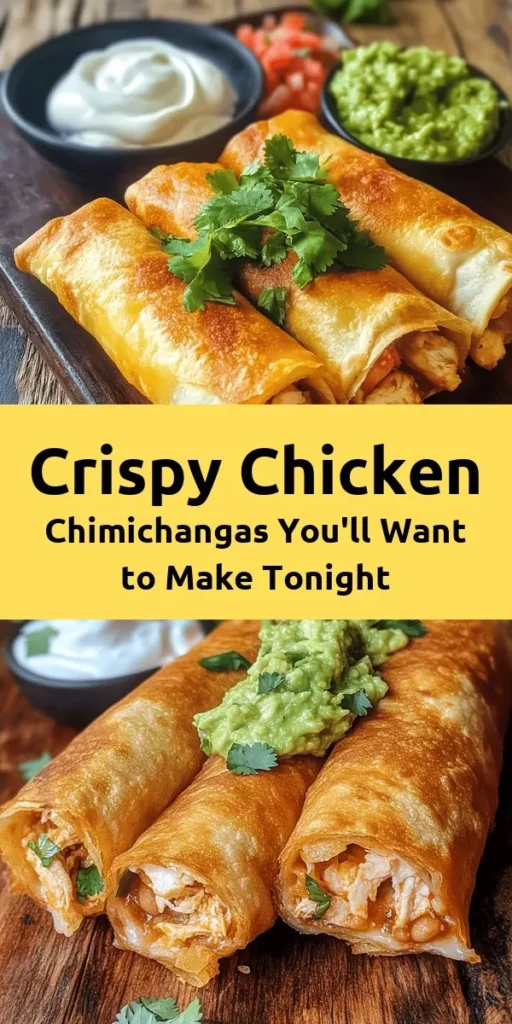 Savor the deliciousness of crispy chicken chimichangas with this easy recipe! These golden delights feature a crunchy exterior filled with tender chicken, refried beans, and gooey cheese. Perfect for any occasion, from quick dinners to celebrations. Customize with your favorite spices and veggies for an irresistible twist. Enjoy them with guacamole or salsa for an added kick! #Chimichangas #MexicanFood #CrispyChicken #ComfortFood #RecipeIdeas #Foodie