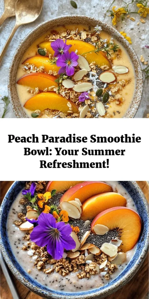 Discover the delicious Peach Paradise Smoothie Bowl, a perfect blend of fresh peaches, creamy bananas, and nutritious yogurt that makes for a refreshing breakfast or snack. Packed with vitamins and antioxidants, it's not only great for your taste buds but also boosts your wellness. Customize it with your favorite toppings for a stunning presentation. Try this delight and enjoy a sweet escape to paradise! #SmoothieBowl #HealthyEating #PeachParadise #Foodie #Yummy #Nutrition #BreakfastIdeas #HealthyRecipes