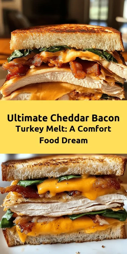 Indulge in the ultimate comfort food with this delicious Cheddar & Bacon Turkey Melt on toasted sourdough! With layers of savory turkey, gooey sharp cheddar, and crispy bacon, this sandwich is sure to satisfy your cravings any time of the day. Easy to prepare, it’s perfect for lunch, dinner, or a quick snack. Add fresh greens for a nutritious boost! Get ready to enjoy a warm, delicious hug in sandwich form! #TurkeyMelt #ComfortFood #Cheddar #Recipe #Foodie #Sourdough #Yum