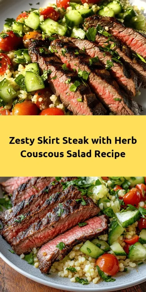 Elevate your dinner game with Zesty Grilled Skirt Steak and Lemon Herb Couscous Salad! This vibrant dish marries juicy, marinated steak with a refreshing, herb-infused couscous salad, perfect for gatherings or a weeknight treat. It's not just delicious; it's a nutrient-packed meal that’s easy to customize. Dive into this flavor explosion and impress your guests or family tonight! #GrilledSteak #CouscousSalad #HealthyEating #DinnerIdeas #SummerRecipes #Foodie
