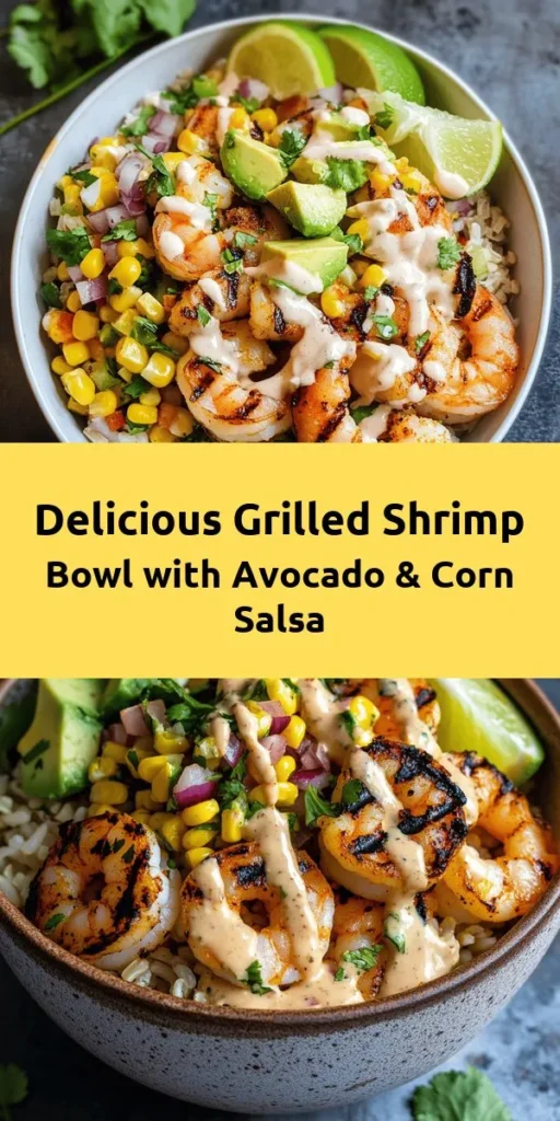 Savor the flavors of summer with this Grilled Shrimp Bowl topped with Avocado, Corn Salsa, and a Creamy Garlic Sauce. Perfect for any occasion, this delightful dish showcases succulent grilled shrimp with fresh, vibrant ingredients like creamy avocado and sweet corn salsa. Packed with protein and essential nutrients, it’s a nutritious choice that’s both satisfying and delicious. Get ready to impress your guests or enjoy a quick weeknight meal. #GrilledShrimp #HealthyEating #SummerRecipes #Foodie #Salsa #MealPrep #SeafoodLovers #Yummy