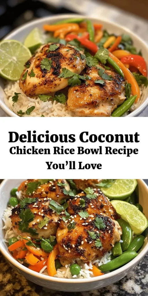 Discover the tropical flavors of the Coconut Chicken Rice Bowl, a delightful dish combining tender chicken, creamy coconut milk, and vibrant vegetables. Perfect for family dinners or meal prep, this bowl offers a harmonious blend of spices and wholesome ingredients served over fluffy jasmine rice. Enjoy a culinary experience that’s both comforting and nutritious! Try it today! #CoconutChicken #RiceBowl #HealthyMeals #EasyRecipes #MealPrep #TropicalFlavors #ComfortFood