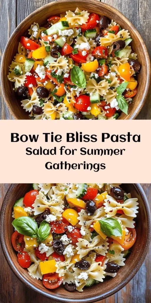 Experience the ultimate summer delight with Bow Tie Bliss Pasta Salad! This vibrant dish combines colorful vegetables, creamy feta, and the playful shape of bow tie pasta for a refreshing flavor explosion. Perfect for picnics, BBQs, or a healthy weeknight dinner, it’s easy to prepare and can be made in advance. Customize it to your liking and enjoy a nourishing meal that satisfies. Dive into this fun and delicious recipe! #PastaSalad #SummerRecipes #HealthyEating #BowTiePasta #FoodieFun #PicnicPerfect