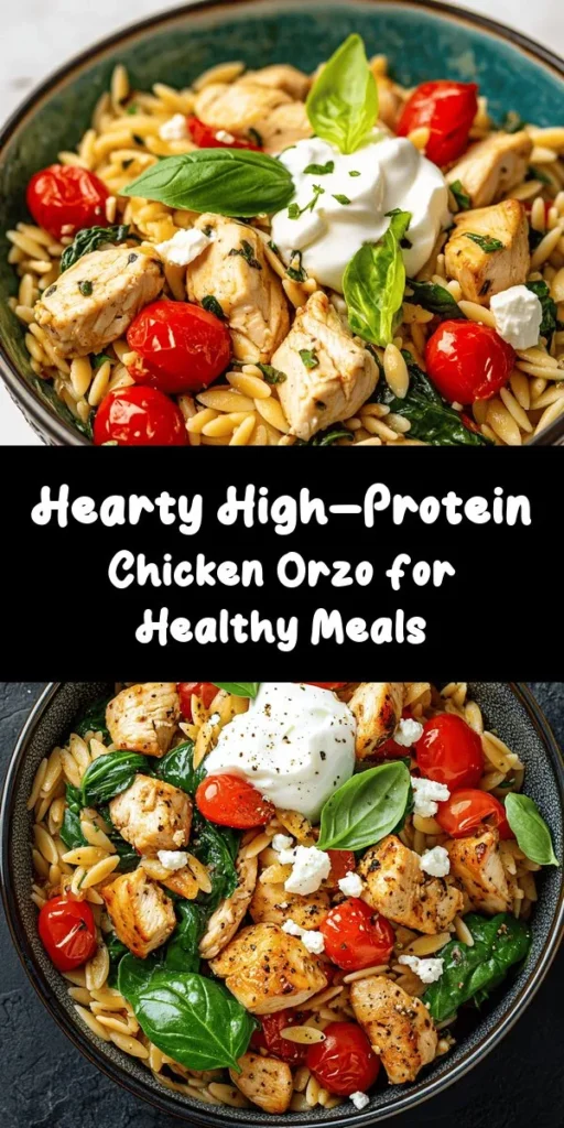 Discover the deliciousness of High Protein Chicken Orzo, a nutritious meal perfect for health enthusiasts and busy families! This recipe combines lean chicken breast, tender orzo, vibrant spinach, and cherry tomatoes, creating a balanced powerhouse of flavor and nutrition. It's ideal for meal prep or a cozy family dinner. Fuel your body with protein and enjoy every bite of this satisfying dish. Try it today! #HealthyEating #MealPrep #ChickenOrzo #HighProtein #FamilyDinner #Nutrition #ComfortFood