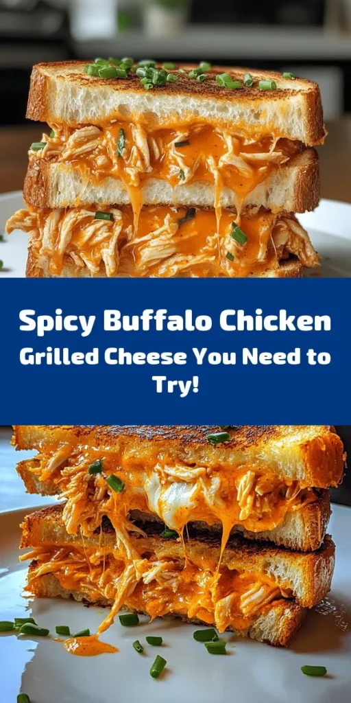 Discover the ultimate comfort food with a twist: the Buffalo Chicken Grilled Cheese Sandwich! This mouthwatering creation marries spicy, tender chicken with gooey cheese, all nestled between crispy, buttery sourdough bread. Perfect for lunch, dinner, or game day snacks, it’s sure to impress everyone. Elevate your next meal and indulge in this delicious fusion of flavors! #GrilledCheese #BuffaloChicken #ComfortFood #Foodie #Yummy #RecipeIdeas #CheeseLovers #SpicyFood