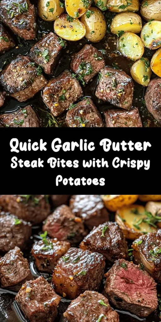 Indulge in a comforting meal with this Garlic Butter Steak Bites & Crispy Potatoes recipe! Tender sirloin steak bites are sautéed to perfection and paired with crispy, golden baby potatoes, all enveloped in a rich, aromatic garlic butter sauce. Quick and easy to make, this dish is perfect for weeknight dinners or impressing guests. Elevate your dining experience with flavors that harmonize beautifully! #SteakBites #ComfortFood #GarlicButter #CrispyPotatoes #QuickRecipes #DinnerIdeas