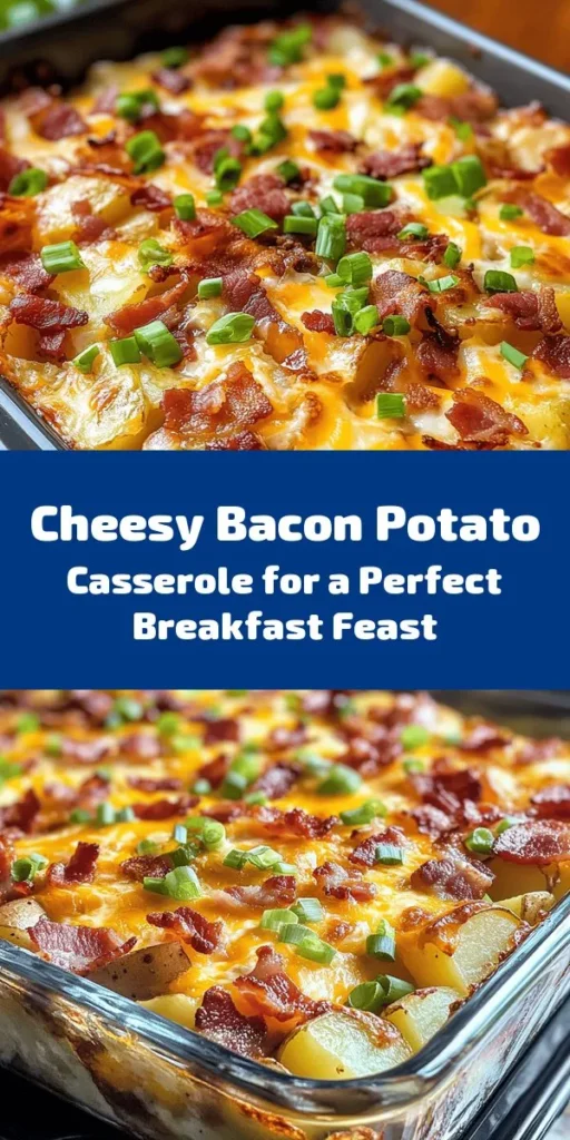 Kickstart your morning with this delicious Cheesy Bacon Potato Breakfast Casserole! Filled with crispy bacon, creamy cheese, and tender potatoes, this hearty dish is perfect for family gatherings or a cozy brunch with friends. It's easy to prepare ahead of time and can be customized with your favorite ingredients. Enjoy a delightful blend of flavors that will leave everyone satisfied. Try this comforting recipe today! #BreakfastCasserole #Bacon #Potatoes #Brunch #CheesyDelight #EasyRecipes #FamilyMeals #ComfortFood