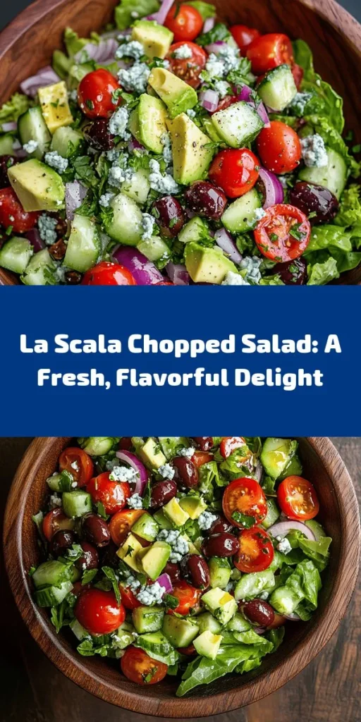 Discover the vibrant flavors of the La Scala Chopped Salad, a California classic beloved for its fresh ingredients and nutritious profile. This salad features crisp romaine, sweet cherry tomatoes, crunchy cucumbers, tangy Kalamata olives, creamy blue cheese, and hearty garbanzo beans, all dressed in a zesty red wine vinaigrette. Perfect for any meal, this salad is both satisfying and healthy. Try this delightful recipe today! #LaScalaSalad #HealthyEating #SaladRecipe #CaliforniaCuisine #FreshIngredients #ChoppedSalad