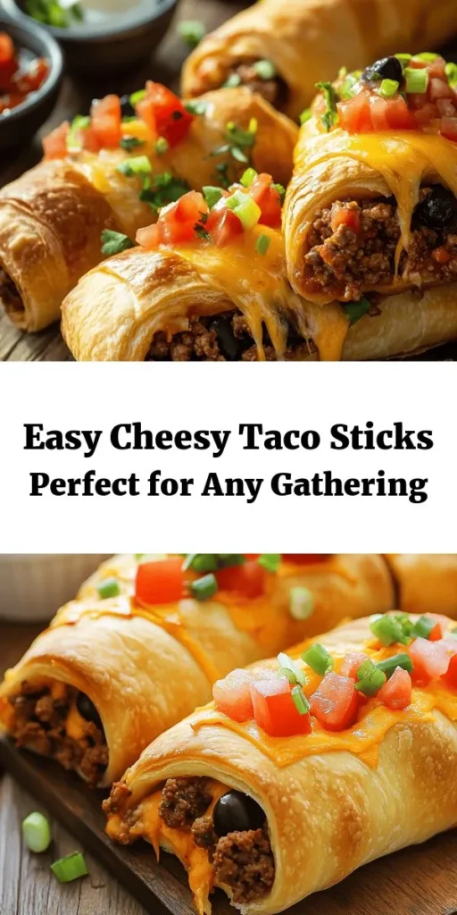 Looking for a fun twist on taco night? Try these Cheesy Taco Sticks! With a crispy crescent roll exterior filled with flavorful seasoned meat and gooey cheese, they are perfect for parties, game days, or family dinners. Customize them to your taste with veggies or different cheeses. Easy to make and always a crowd-pleaser, they are sure to become a favorite! Get the full recipe and tips for perfecting this dish! #TacoSticks #CheesyGoodness #GameDaySnacks #EasyRecipes #FamilyDinner