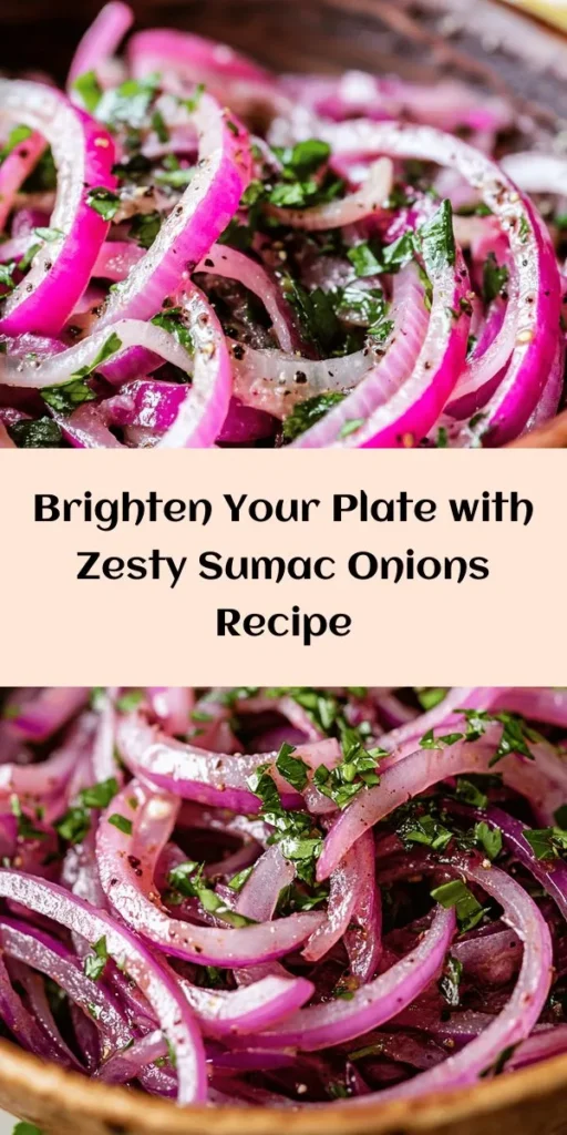 Elevate your meals with Zesty Sumac Onions! This vibrant dish, rooted in Middle Eastern cuisine, combines the tangy flavor of sumac with sweet onions for a delicious and healthy topping or side. Easy to prepare, it adds brightness to salads, grilled meats, and more. Packed with nutrients, this recipe is a must-try for those seeking flavorful and fresh culinary experiences. Discover the magic of sumac and transform your cooking! #ZestySumacOnions #HealthyCooking #MiddleEasternCuisine #RecipeIdeas #FlavorfulFood #VegetarianRecipes