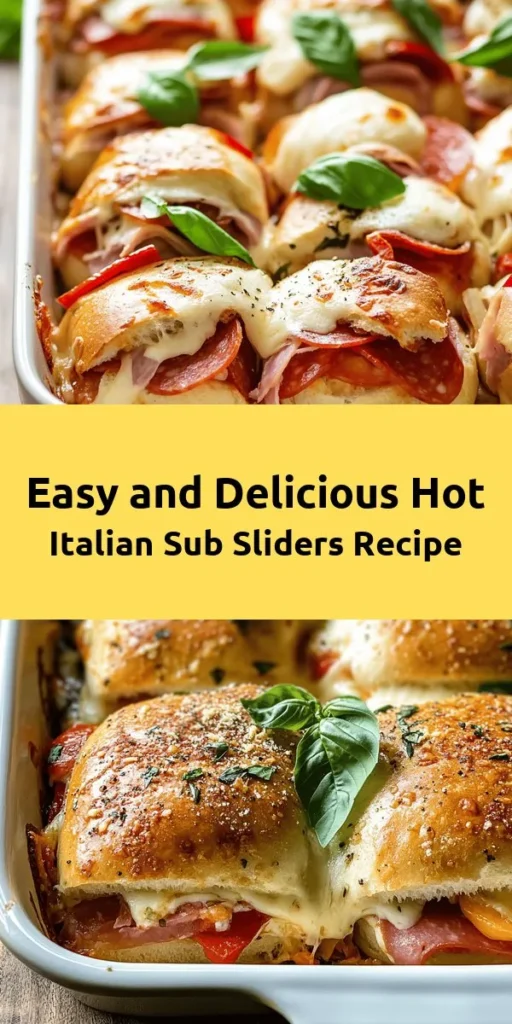 Satisfy your snack cravings with these delicious Hot Italian Sub Sliders! Perfect for parties or casual dinners, these bite-sized treats feature layers of savory meats, melty cheeses, and zesty toppings. Easy to prepare and customizable for any dietary needs, they're a sure crowd-pleaser. Serve them at your next gathering and watch them disappear! #HotItalianSubSliders #PartyFood #SnackIdeas #EasyRecipes #ComfortFood #FoodieFavorites #MealPrep #SliderRecipes