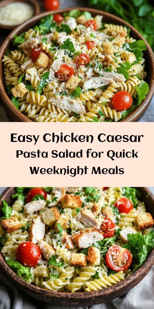 Enjoy a delicious and quick meal with this Chicken Caesar Pasta Salad recipe! Combining the classic tastes of Caesar salad with the heartiness of rotini pasta, rotisserie chicken, and fresh vegetables, it's a perfect choice for busy weeknights or lunches. This salad is packed with flavor, protein, and nutrients, making it satisfying and wholesome. Get creative with variations and toppings to personalize your dish! #PastaSalad #ChickenCaesar #QuickMeals #HealthyEating #RecipeIdeas #Foodie