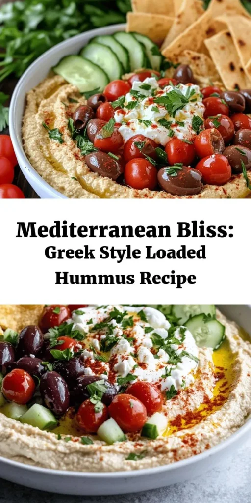 Discover the ultimate Greek Style Loaded Hummus, a vibrant and nutritious Mediterranean delight! This creamy dip, made from chickpeas and tahini, is perfect for vegan, vegetarian, and gluten-free diets. Packed with fresh vegetables, Greek yogurt, Kalamata olives, and feta cheese, it’s not just a snack but a flavor-packed centerpiece for any gathering. Learn how to prepare this wholesome dish in just 30 minutes! #Hummus #Mediterranean #HealthyEats #SnackIdeas #PlantBased #RecipeIdeas