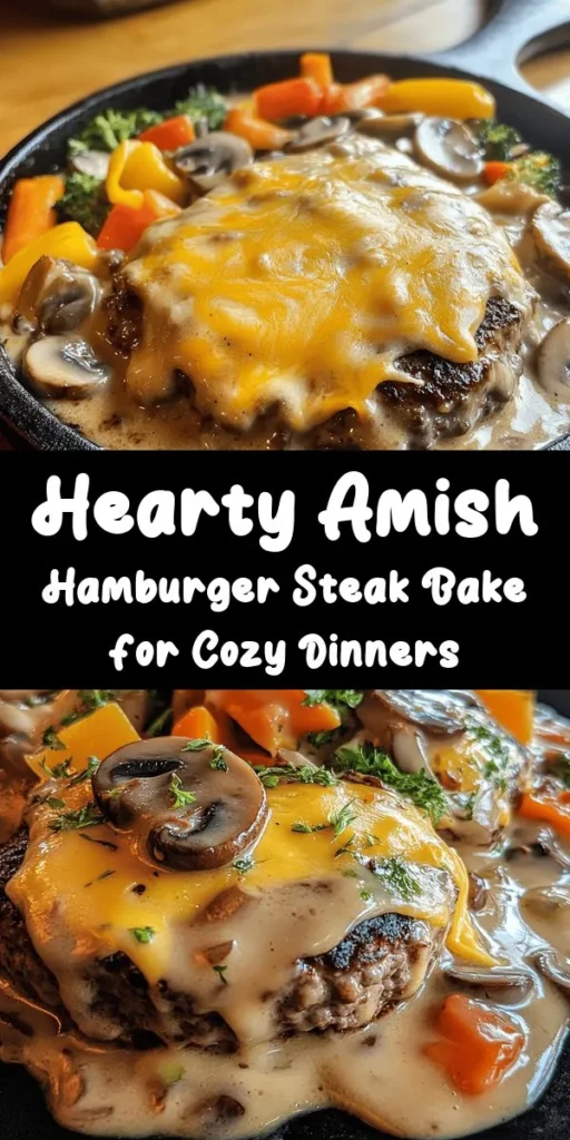 Indulge in the comfort of home cooking with this Amish Hamburger Steak Bake recipe! Featuring tender hamburger steaks in a savory mushroom and cheese sauce, this hearty casserole is perfect for busy weeknights or family gatherings. Simple ingredients like ground beef, fresh vegetables, and creamy sauces come together for a satisfying meal. Discover a recipe that warms the soul and your dinner table! #AmishCooking #ComfortFood #CasseroleRecipes #FamilyDinner #HomeCookedMeals #HeartyMeals #EasyRecipes