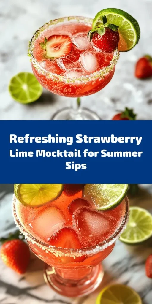 Discover the refreshing taste of summer with this Strawberry Lime Mocktail Margarita! Perfect for warm days, this non-alcoholic drink combines sweet strawberries, zesty lime juice, and sparkling water for a guilt-free indulgence. Ideal for barbecues, family gatherings, or just a sunny afternoon, it’s a fun way to celebrate without the buzz. Give it a try and elevate your next occasion! #Mocktails #NonAlcoholicDrinks #SummerRefreshment #StrawberryLime #HealthyDrinks #PartyIdeas #Cheers
