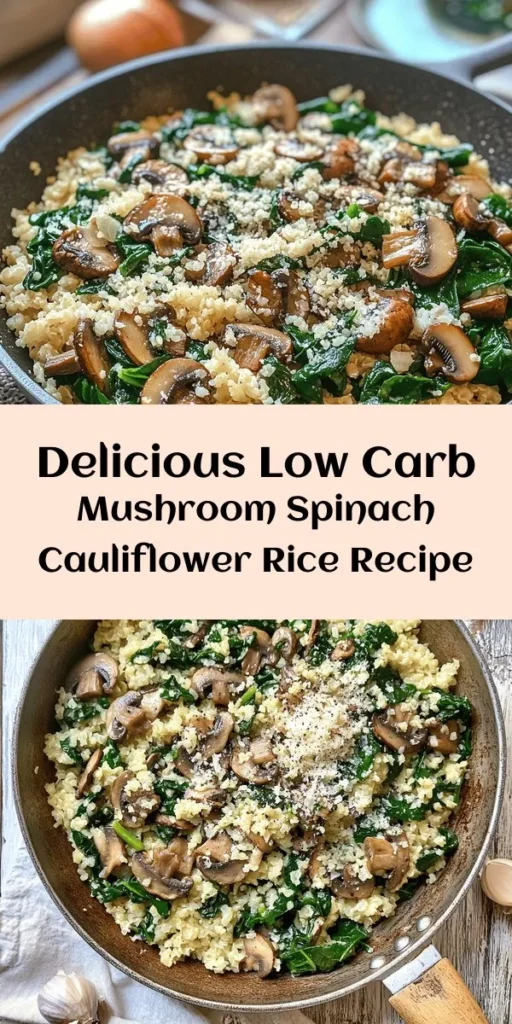 Looking for a tasty, low-carb dish? This Low Carb Mushroom & Spinach Cauliflower Rice is your answer! Packed with fresh ingredients like cauliflower, spinach, and mushrooms, this dish is perfect for those following a low-carb or ketogenic lifestyle. Not only is it delicious, but it also offers health benefits like improved digestion and immune support. Enjoy it as a main course or a side! #LowCarb #HealthyEating #CauliflowerRice #KetoRecipes #MealPrep #Vegetarian #HealthyDinner