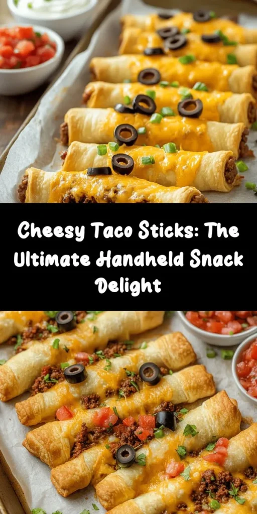 Indulge in the cheesy goodness of these irresistible cheesy taco sticks! Combining savory ground meat, melty cheese, and colorful veggies wrapped in flaky crescent dough, they're the ultimate handheld snack for any occasion. Perfect for parties, family dinners, or movie nights, these easy-to-make treats are sure to impress. Explore flavor variations and serving ideas to make this dish uniquely yours! #TacoSticks #CheesyGoodness #EasyRecipes #SnackIdeas #PartyFood #FamilyMeals