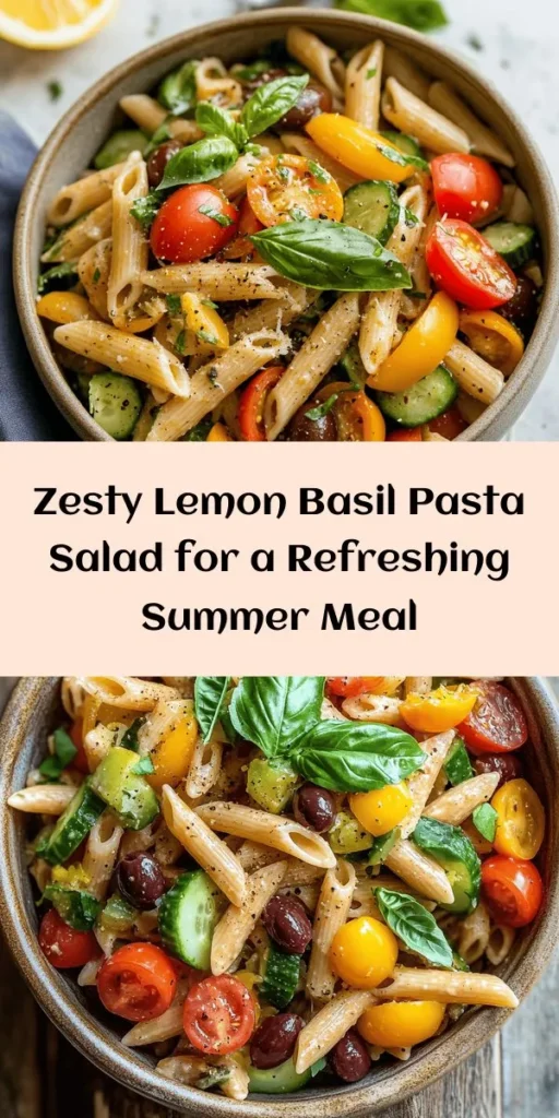 Beat the heat with a refreshing Zesty Lemon Basil Pasta Salad! This colorful dish combines whole wheat or gluten-free pasta with vibrant veggies like cherry tomatoes and cucumbers, all tossed in a zesty lemon dressing. Perfect for summer picnics or quick meals, it's nutritious and flavorful. Customize it with your favorite proteins or herbs for a personal touch. Dive in and savor a delightful summer classic! #PastaSalad #SummerRecipes #HealthyEating #LemonBasil #PicnicFood