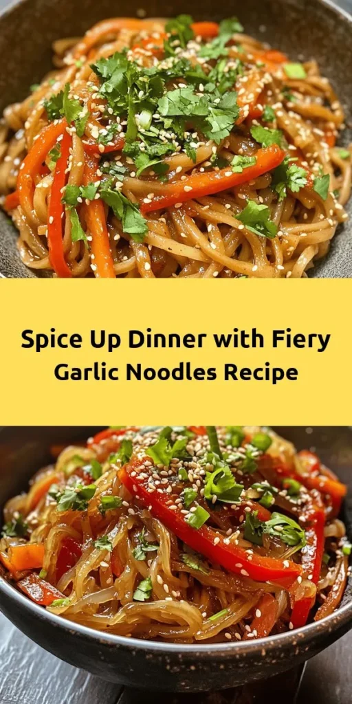 Discover the bold flavors of Fiery Garlic Noodles, a spicy dish perfect for every palate! This recipe combines savory garlic, tangy soy sauce, and a delightful kick of chili, making it easily customizable for any diet. Loaded with vibrant vegetables and topped with sesame oil, it’s not just a meal; it’s an experience. Perfect for weeknight dinners or gatherings, this dish will have everyone coming back for seconds. Try it today! #GarlicNoodles #SpicyFood #EasyRecipes #CookingAtHome #Noodles #VeggieDelight #AsianCuisine