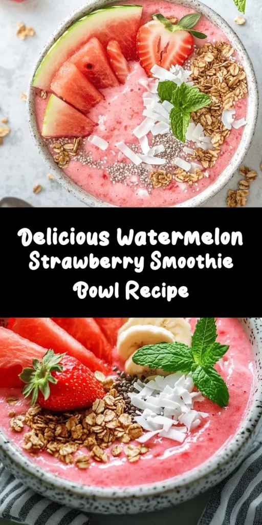Dive into the delightful world of smoothie bowls with this Refreshing Watermelon and Strawberry Smoothie Bowl! Packed with hydration and nutrients, this vibrant bowl combines sweet watermelon, tart strawberries, and creamy bananas for a satisfying treat. Perfect for breakfast, snacks, or dessert, it’s quick to make and endlessly customizable. Top it with granola, nuts, or fresh fruits for an extra crunch. Whip it up and enjoy a burst of freshness today! #SmoothieBowl #HealthyEats #Watermelon #Strawberries #Recipes #Nutrition