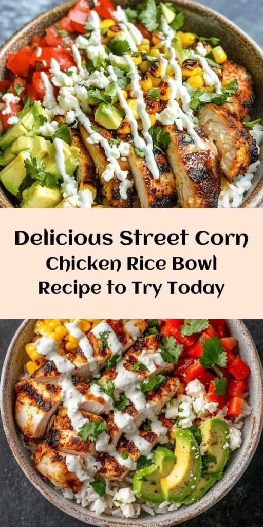 Indulge in the vibrant flavors of the Street Corn Chicken Rice Bowl! This delicious meal combines marinated chicken, charred corn, fresh vegetables, and creamy feta, all topped with a zesty lime dressing for a delightful taste experience. Packed with nutrients, it's as good for your body as it is for your palate. Perfect for meal prep, family dinners, or gatherings. Discover the joy of a hearty, flavorful bowl today! #StreetCornBowl #HealthyEating #HomeCooking #DeliciousRecipes #MealPrepIdeas #HealthyBowlMeals