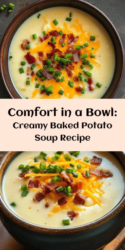 Warm up with a delicious bowl of creamy baked potato soup! This comforting recipe blends russet potatoes, smoky bacon, and rich cream for a satisfying meal perfect for chilly days. With common pantry ingredients, even novice cooks can impress! Top it off with cheddar cheese, crispy bacon, and fresh herbs for an irresistible finish. Try this easy recipe and elevate your comfort food game! #BakedPotatoSoup #ComfortFood #SoupSeason #EasyRecipes #HomemadeGoodness #CozyEats #FoodieFavorites