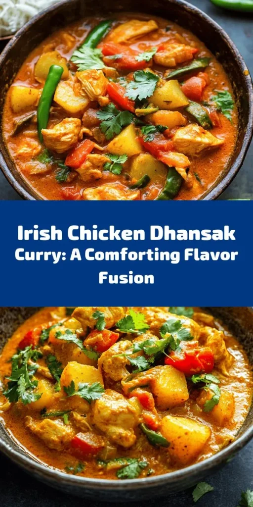 Discover the delightful fusion of flavors in Hearty Irish Chicken Dhansak Curry! This comforting dish combines the rich culinary traditions of Ireland and India, featuring tender chicken thighs, nutritious lentils, and fresh vegetables, all simmered in a creamy coconut milk sauce. Perfect for family gatherings or cozy dinners, this recipe celebrates the beauty of diverse ingredients and spices. Try it for a unique culinary experience! #IrishCuisine #IndianFood #Curry #HomeCooking #ComfortFood #Foodie