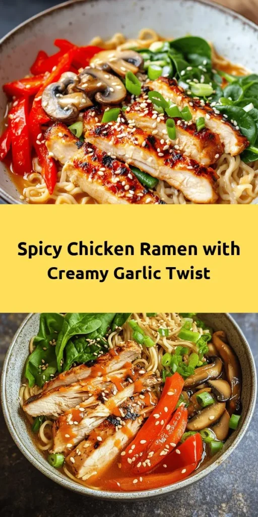 Indulge in the comforting warmth of Fiery Chicken Ramen with Creamy Garlic Sauce! This spicy twist on classic ramen combines tender chicken, rich broth, and a velvety garlic sauce for a delightful flavor explosion. Perfect for cozy dinners or impressing guests, this dish is as versatile as it is satisfying. Discover how to elevate your ramen game and enjoy a flavorful culinary adventure! #Ramen #ComfortFood #Spicy #ChickenDinner #Foodie #HomeCooking #JapaneseCuisine #DeliciousMeals