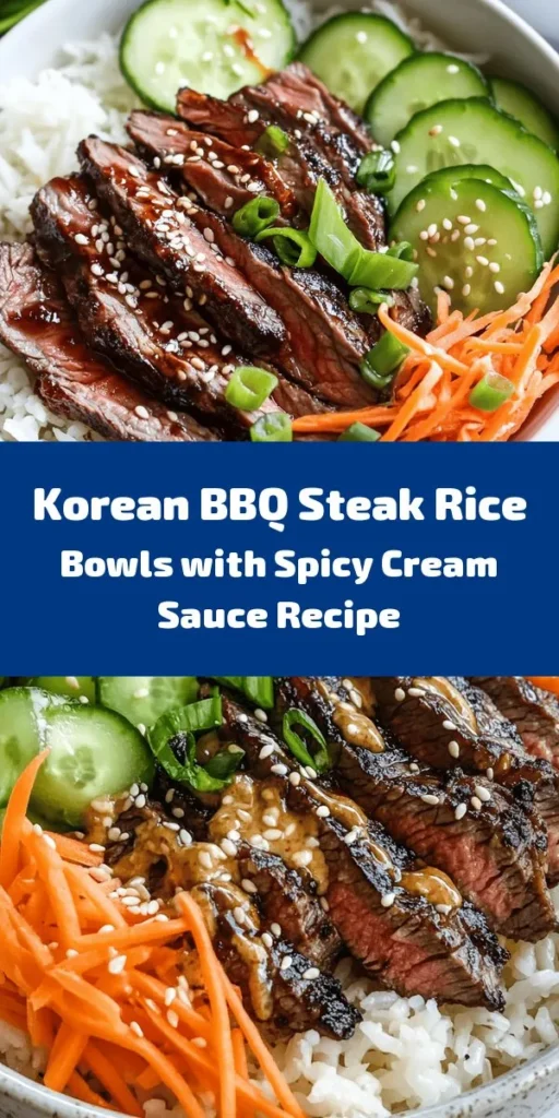 Savor the deliciousness of Korean BBQ Steak Rice Bowls with Spicy Cream Sauce! This easy recipe is perfect for weeknight dinners, featuring marinated steak, fresh veggies, and a creamy, spicy sauce that ties it all together. It's not just a meal; it's a journey into Korean cuisine that's sure to impress your family and friends. Elevate your dinner game tonight! #KoreanBBQ #RiceBowls #SteakRecipe #SpicyFood #Foodie #DinnerIdeas #ComfortFood