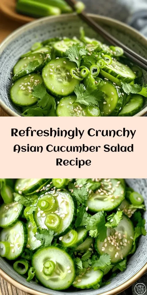 Discover the vibrant and refreshing Crunchy Asian Cucumber Salad, a delightful dish perfect for any occasion. With crisp cucumbers, savory soy sauce, aromatic sesame oil, and a hint of sweetness, this salad is bursting with flavor and texture. Easy to prepare, it's great for summer barbecues, potlucks, or as a light side dish. Packed with nutrients, it’s a delicious addition to your meals! Try it today! #CucumberSalad #AsianCuisine #HealthyEating #SummerSalads #EasyRecipes #Foodie #SaladRecipe #Nutrition