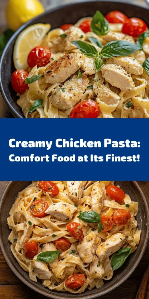 Indulge in the luxurious comfort of Creamy Chicken Pasta Delight! This recipe combines tender chicken and fettuccine in a rich, velvety sauce. Perfect for family dinners or elegant gatherings, it's easy to make with just a few ingredients. Customize it with your favorite veggies or seasonings, and enjoy a meal that will leave everyone craving more. Elevate your pasta game today! #CreamyChickenPasta #ComfortFood #PastaLovers #DinnerIdeas #HomeCooking #Foodie