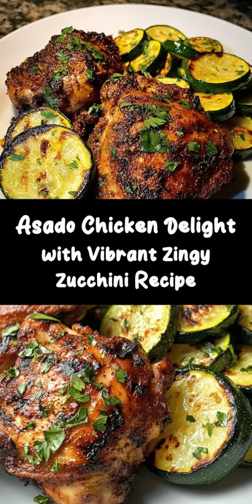 Dive into the vibrant flavors of Asado Chicken Delight with Zingy Zucchini! This unique recipe features juicy chicken thighs infused with zesty herbs and spices paired with a refreshing sauté of zucchini. Perfect for family dinners or entertaining, it combines rich taste with vibrant colors. Follow our step-by-step guide for marination and cooking techniques to impress your guests. Bring this delicious dish to your table today! #AsadoChicken #HealthyEats #Zucchini #Foodie #MealPrep #RecipeOfTheDay #HomeCooking