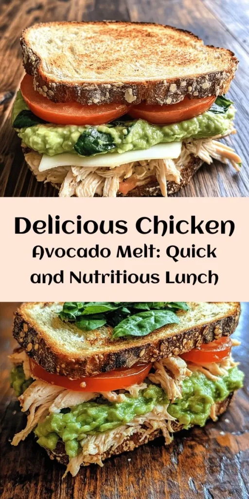 Looking for a quick yet nutritious meal? Try this Perfectly Toasted Chicken Avocado Melt Sandwich! Packed with juicy chicken, creamy avocado, and melty mozzarella, it's an explosion of flavor you can't resist. Perfect for lunch or dinner, this dish is adaptable for various dietary needs—just swap the bread or cheese as you prefer. Enjoy a satisfying meal that doesn’t compromise on health! #ChickenAvocadoMelt #HealthyEating #SandwichRecipe #MealPrepIdeas #NutritiousAndDelicious