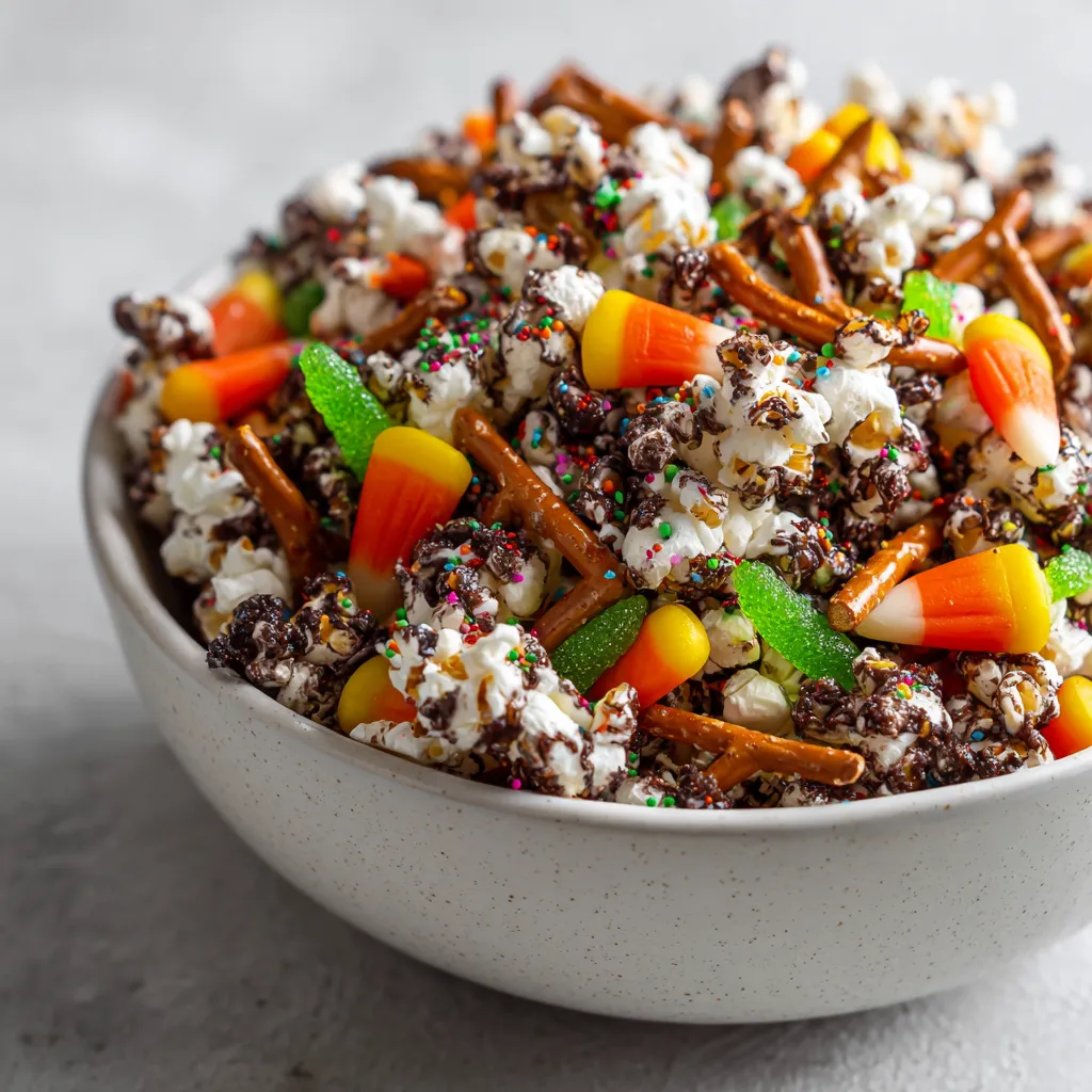 The Witch's Cauldron Popcorn Mix is a delightful and whimsical treat perfect for Halloween gatherings, movie nights, or themed parties. This blend of sweet and salty, crunchy and chewy textures will enchant both kids and adults alike. With its vibrant colors and fun shapes, this popcorn mix not only satisfies your cravings but also adds a magical touch to your celebrations. The visual appeal of the green gummy worms and the sparkle of edible glitter enhances the festive atmosphere, creating a treat that is as fun to look at as it is to eat.