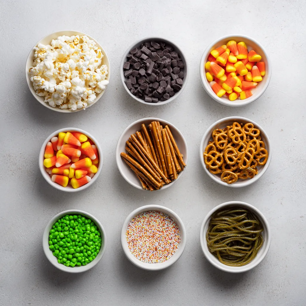 The Witch's Cauldron Popcorn Mix is a delightful and whimsical treat perfect for Halloween gatherings, movie nights, or themed parties. This blend of sweet and salty, crunchy and chewy textures will enchant both kids and adults alike. With its vibrant colors and fun shapes, this popcorn mix not only satisfies your cravings but also adds a magical touch to your celebrations. The visual appeal of the green gummy worms and the sparkle of edible glitter enhances the festive atmosphere, creating a treat that is as fun to look at as it is to eat.