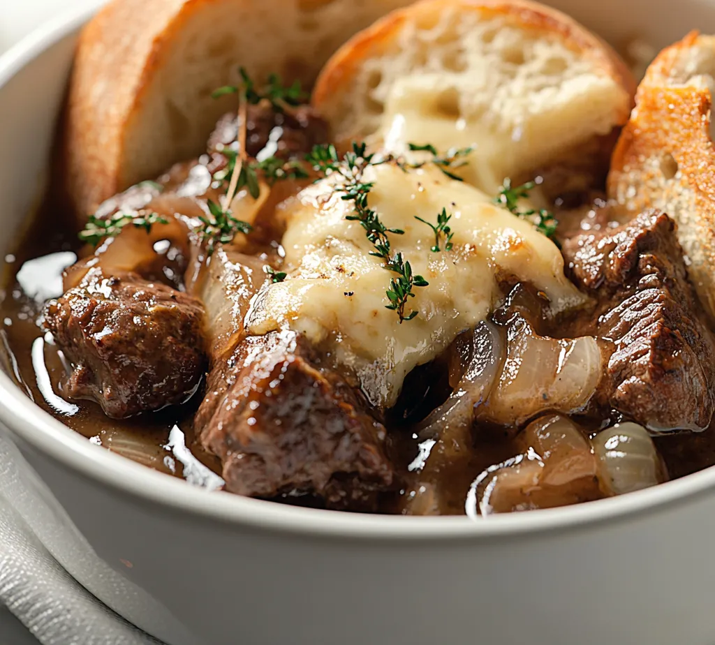 Savory French Onion Beef Stew is a dish that embodies warmth and comfort, perfect for chilly evenings or gatherings with friends and family. With tender chunks of beef swimming in a rich broth infused with caramelized onions, garlic, and seasonings, this stew is a heartwarming classic that brings together robust flavors in every bite. The addition of melted cheese bread elevates the experience, providing a delightful crunch and indulgent richness that complements the stew's savory profile beautifully.