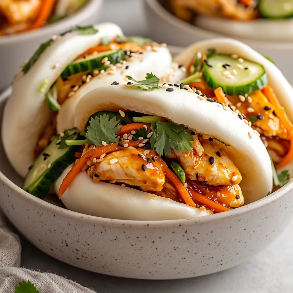 Korean Chicken Bao Buns present an irresistible fusion of flavors that blend the traditional qualities of Asian bao with vibrant Korean tastes. This dish offers a delightful culinary journey with every bite, featuring soft, fluffy buns enveloping a spicy and sticky chicken filling. The bao buns are typically steamed, resulting in a light and airy texture that contrasts wonderfully with the bold flavors of the chicken.