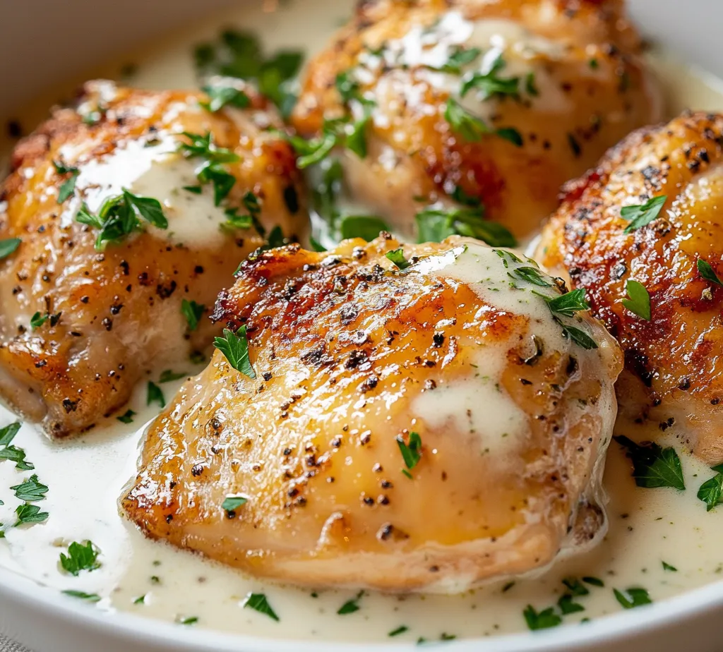Herb-infused roasted chicken is a classic dish that combines succulent flavors with a creamy sauce, creating a comforting and indulgent meal. This specific recipe showcases juicy chicken thighs enhanced with fragrant herbs and a rich white sauce, making it ideal for family dinners or special occasions. When you serve this dish, expect a delightful meld of textures and flavors that will satisfy even the most discerning palate.